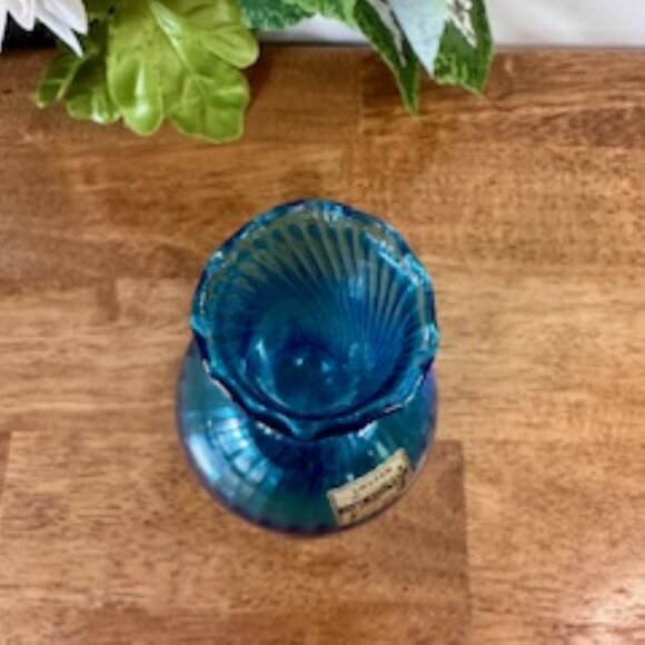 Vintage Czechoslovakian Hand Made Crystal Vase SPM 1893 Blue Ribbed Glass with O - Picture 5 of 6